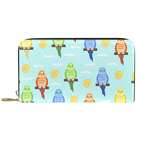 Brieftasche für Damen, Clutch, Geldbörsen für Damen, Kartenhalter, Organizer, Leder, Reißverschluss, handgezeichnet, Cartoon-Wellensittich von DJNGN