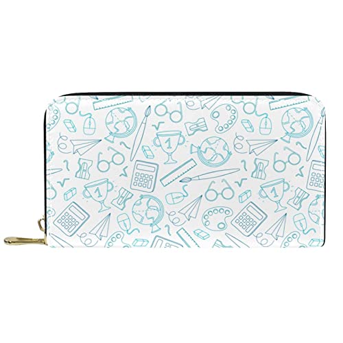 Brieftasche für Damen, Clutch, Geldbörsen für Damen, Kartenhalter, Organizer, Leder, Reißverschluss, handgezeichnetes Schulmuster von DJNGN