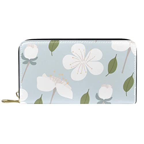 Brieftasche für Damen, Clutch, Geldbörsen für Damen, Kartenhalter, Organizer, Leder, Reißverschluss, hellblaues Kirschblütenmuster von DJNGN