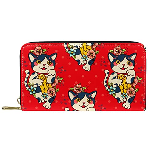 Brieftasche für Damen, Clutch, Geldbörsen für Damen, Kartenhalter, Organizer, Leder, Reißverschluss, niedliche Cartoon-Katzen, rote Blume von DJNGN