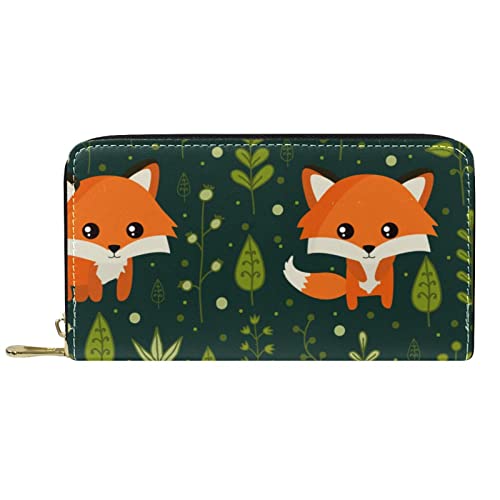 Brieftasche für Damen, Clutch, Geldbörsen für Damen, Kartenhalter, Organizer, Leder, Reißverschluss, niedliches Cartoon-Tier, Fuchswald von DJNGN