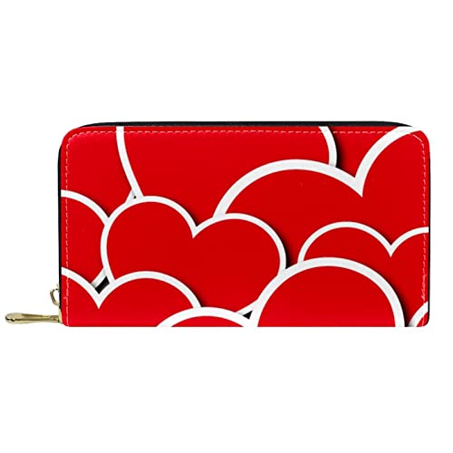 Brieftasche für Damen, Clutch, Geldbörsen für Damen, Kartenhalter, Organizer, Leder, Reißverschluss, rotes Liebesherzmuster von DJNGN