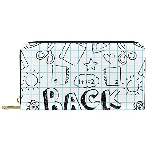 Brieftasche für Damen, Clutch, Geldbörsen für Damen, Kartenhalter, Organizer, Leder-Reißverschluss-Geldbörse, handgezeichnet, zurück in die Schule von DJNGN