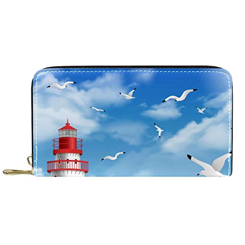 Brieftasche für Damen Clutch Geldbörsen für Damen Kartenhalter Organizer Leder Geldbörse mit Reißverschluss Leuchtturm Strand von DJNGN