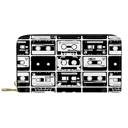 Brieftasche für Damen Clutch Geldbörsen für Damen Kartenhalter Organizer Leder Geldbörse mit Reißverschluss Schwarz-weißes Kassettenband von DJNGN