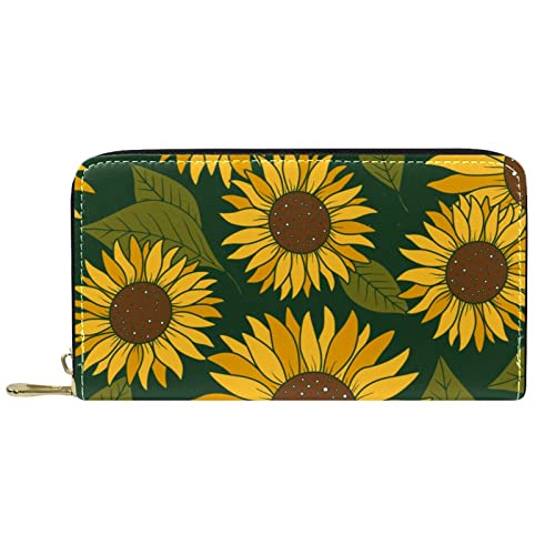 Brieftasche für Damen Clutch Geldbörsen für Damen Kartenhalter Organizer Leder Reißverschluss Geldbörse Blatt und Sonnenblume von DJNGN