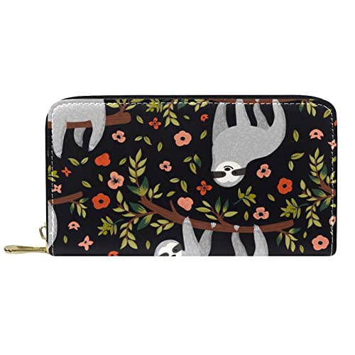 Brieftasche für Damen Clutch Geldbörsen für Damen Kartenhalter Organizer Leder Reißverschluss Geldbörse Faultier Blumen von DJNGN