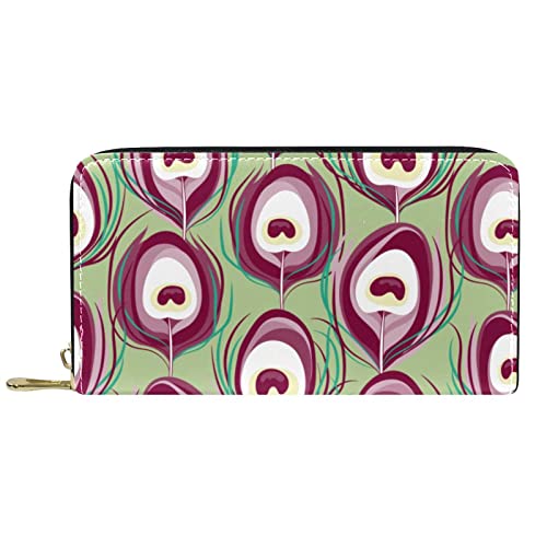 Brieftasche für Damen Clutch Geldbörsen für Damen Kartenhalter Organizer Leder Reißverschluss Geldbörse Fuschia Pfauenmuster von DJNGN