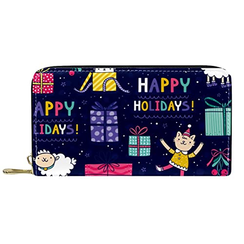 Brieftasche für Damen Clutch Geldbörsen für Damen Kartenhalter Organizer Leder Reißverschluss Geldbörse Happy Holiday Elements Gift Box Pattern von DJNGN