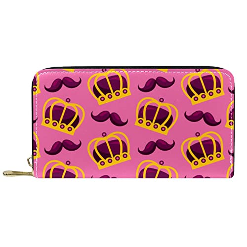 Brieftasche für Damen Clutch Geldbörsen für Damen Kartenhalter Organizer Leder Reißverschluss Geldbörse Krone Rose Rosa Schnurrbart Karneval Festival Muster von DJNGN