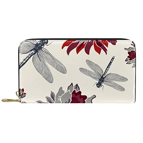 Brieftasche für Damen Clutch Geldbörsen für Damen Kartenhalter Organizer Leder Reißverschluss Geldbörse Libelle Blume von DJNGN