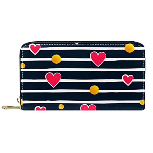 Brieftasche für Damen Clutch Geldbörsen für Damen Kartenhalter Organizer Leder Reißverschluss Geldbörse Liebesmuster mit Herzen und Streifen von DJNGN