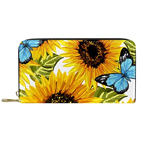 Brieftasche für Damen Clutch Geldbörsen für Damen Kartenhalter Organizer Leder Reißverschluss Geldbörse Sonnenblume mit Schmetterling von DJNGN