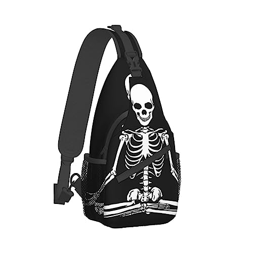 Brusttasche für Männer und Frauen, kompatibel mit Meditation, Totenkopf, Goth, Skelett, schwarz und weiß, Sling-Schulterrucksack, modischer Tagesrucksack, Outdoor-Sport, verstellbare Umhängetasche mit von DJNGN