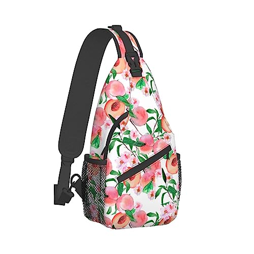 Brusttasche für Männer und Frauen, kompatibel mit rosa Aquarell-Pfirsichblättern, Blumen, Blumenmuster, Sling-Schulterrucksack, modischer Tagesrucksack, Outdoor-Sport, verstellbare Umhängetasche mit R von DJNGN