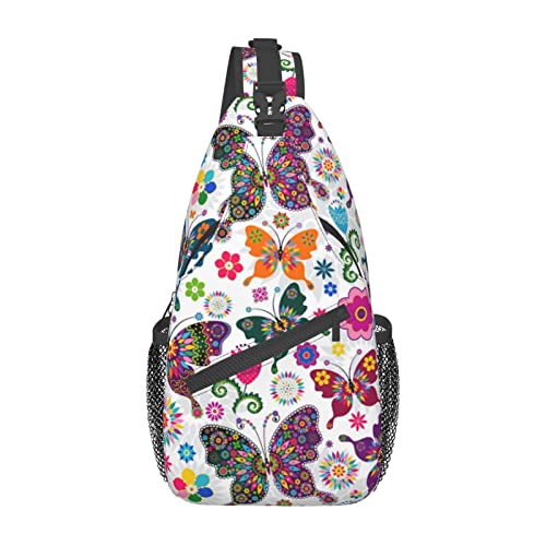 Bunte Schmetterlinge, Frühlingsblumenmuster, kleine Umhängetasche für Damen, Herren, Umhängetasche, Rucksack, Reisen, Wandern, Tagesrucksack, Schultertasche von DJNGN