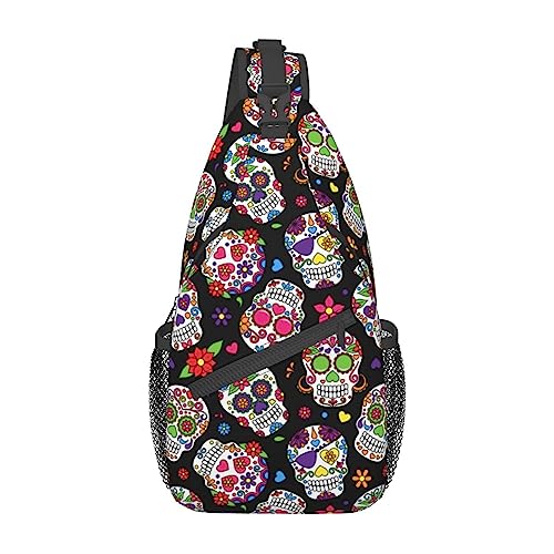 Bunter Blumenschädel-Riemenrucksack, Reise-Crossbody, lässig, Brust-Umhängetasche, modische Gürteltasche von DJNGN