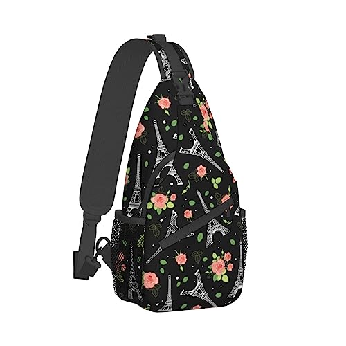 Coole Brusttasche für Damen, Turnbeutel, modischer Sling-Schulterrucksack, Outdoor-Sport-Tagesrucksack, kompatibel mit Hochzeitsrosen, Blumen, Schwarz, Paris, Eiffelturm, verstellbare Tasche, kleine K von DJNGN