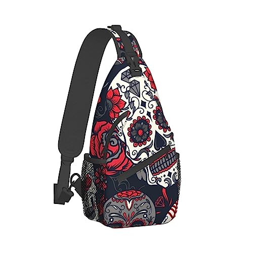 Coole Brusttasche für Damen, Turnbeutel, modischer Sling-Schulterrucksack, Outdoor-Sport-Tagesrucksack, kompatibel mit Mexican Day Dead Rose Sugar Skull, verstellbare Mehrzwecktasche, kleine Kameratas von DJNGN