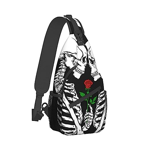 Coole Brusttasche für Damen, Turnbeutel, modischer Sling-Schulterrucksack, Outdoor-Sport-Tagesrucksack, kompatibel mit Rose Flower Skull Love Skeleton, verstellbare Mehrzwecktasche, kleine Kameratasch von DJNGN