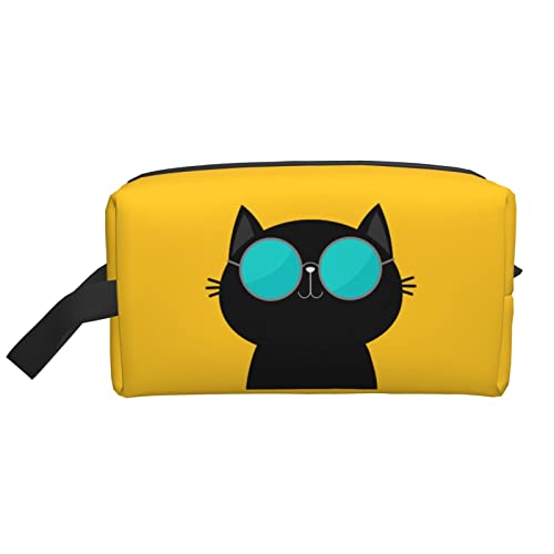 Coole Katze mit Brille, Gelb, Kosmetiktasche, Reise-Toilettenartikel, Make-up-Organizer, Reise, große Kapazität, tragbare Reisekosmetiktaschen für Frauen und Mädchen von DJNGN