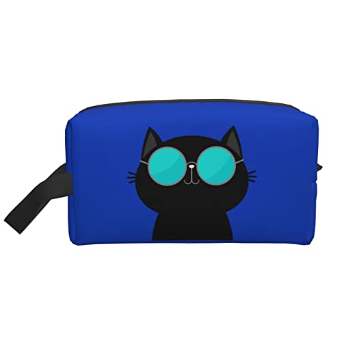 Coole Katze mit Brille, blau, Kosmetiktasche, Reise-Toilettenartikel, Make-up-Organizer, Reise, große Kapazität, tragbare Reisekosmetiktaschen für Frauen und Mädchen von DJNGN