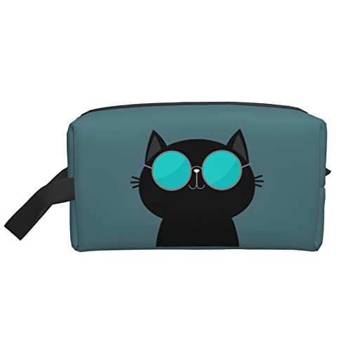 Coole Katze mit Brille, dunkelgrün, Make-up-Tasche, Reise-Toilettenartikel, Make-up-Organizer, Reise, große Kapazität, tragbare Reise-Kosmetiktaschen für Frauen und Mädchen von DJNGN
