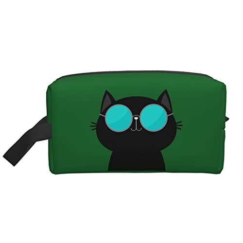 Coole Katze mit Brille, grüne Kosmetiktasche, Reise-Toilettenartikel, Make-up-Organizer, große Kapazität, tragbare Reisekosmetiktaschen für Frauen und Mädchen von DJNGN