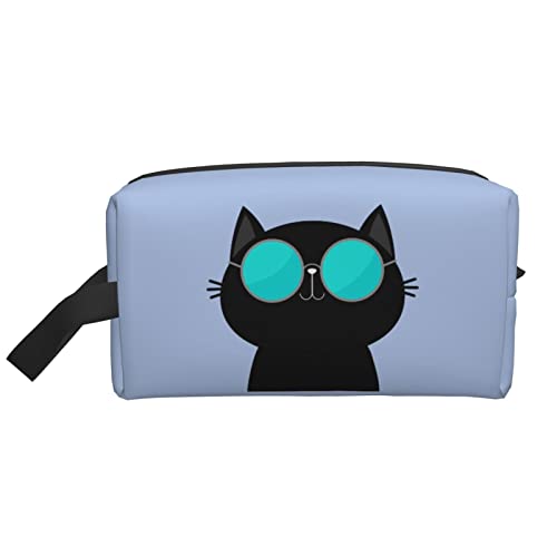 Coole Katze mit Brille, hellblau, Kosmetiktasche, Reise-Toilettenartikel, Make-up-Organizer, Reise, große Kapazität, tragbare Reisekosmetiktaschen für Frauen und Mädchen von DJNGN