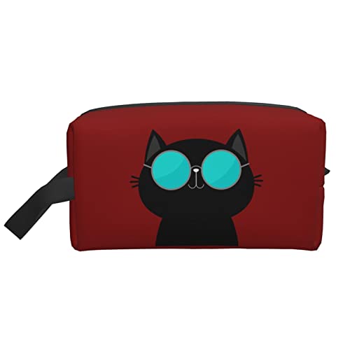 Coole Katze mit Brille, rote Kosmetiktasche, Reise-Toilettenartikel, Make-up-Organizer, große Kapazität, tragbare Reisekosmetiktaschen für Frauen und Mädchen von DJNGN