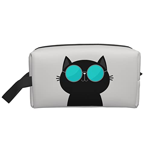 Coole Katze mit Brille, weiße Kosmetiktasche, Reise-Toilettenartikel, Make-up-Organizer, große Kapazität, tragbare Reisekosmetiktaschen für Frauen und Mädchen von DJNGN