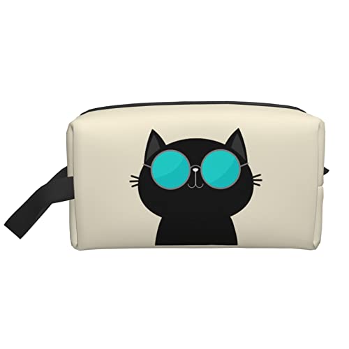 Coole Katze mit Brille Beige Make-up-Tasche Reise-Toilettenartikel Make-up-Organizer Reise Große Kapazität Tragbare Reise-Kosmetiktaschen für Frauen Mädchen von DJNGN