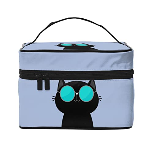 Coole Katze mit Brille Blau Make-up Tasche Kulturtasche für Frauen Kosmetiktasche Reise Kulturtasche Make-up Reisetasche Make-up-Organizer Große Make-up-Tasche von DJNGN