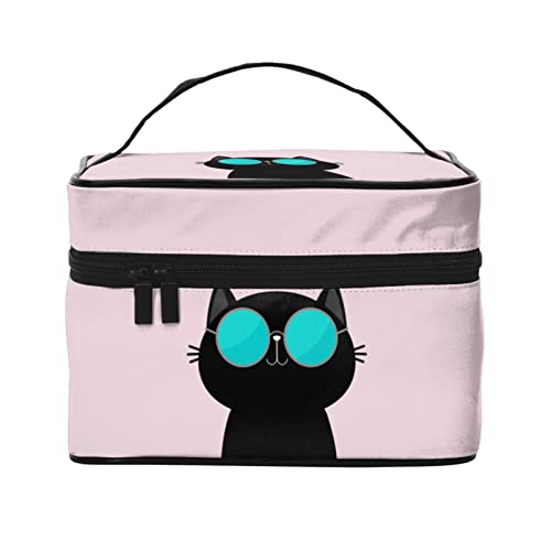 Coole Katze mit Brille Hellrosa Make-up-Tasche Kulturtasche für Frauen Kosmetiktasche Reise-Kulturtasche Make-up-Reisetasche Make-up-Organizer Große Make-up-Tasche von DJNGN