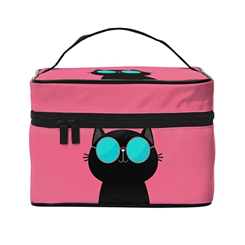 Coole Katze mit Brille Pfirsichrosa Make-up-Tasche Kulturtasche für Frauen Kosmetiktasche Reise-Kulturtasche Make-up-Reisetasche Make-up-Organizer Große Make-up-Tasche von DJNGN