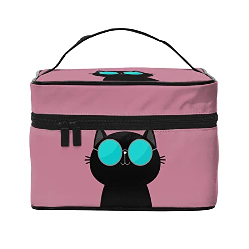 Coole Katze mit Brille Rosa Make-up-Tasche Kulturtasche für Frauen Kosmetiktasche Reise-Kulturtasche Make-up-Reisetasche Make-up-Organizer Große Make-up-Tasche von DJNGN