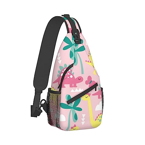 Cooler Sling-Rucksack, kompatibel mit niedlichem Cartoon-Rosa-Dinosaurier, leichte Sling-Umhängetasche, Outdoor-Brust-Crossbody-Bike-Gym-Läufer-Tagesrucksack mit verstellbarem Riemen für Männer und Fr von DJNGN