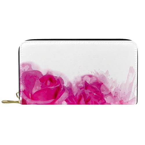 DJNGN Brieftasche Leder Leder Lange Geldbörse mit Reißverschluss Wasserfarbe Rosen Blumen Leuchtend rosa Blumen von DJNGN