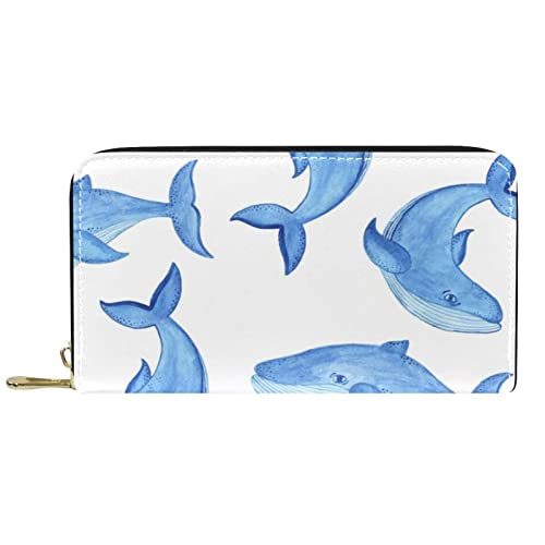 DJNGN Brieftasche Leder Leder Reißverschluss Lange Geldbörse Blauwal Cartoon-Stil von DJNGN