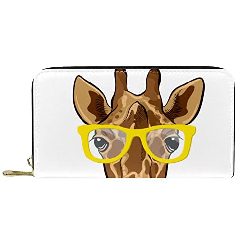 DJNGN Brieftasche Leder Leder Reißverschluss Lange Geldbörse Cartoon Lustige Giraffe mit Brille Schal von DJNGN