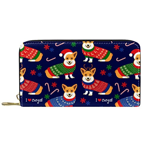 DJNGN Brieftasche Leder Leder Reißverschluss Lange Geldbörse Corgis Lila Weihnachten von DJNGN