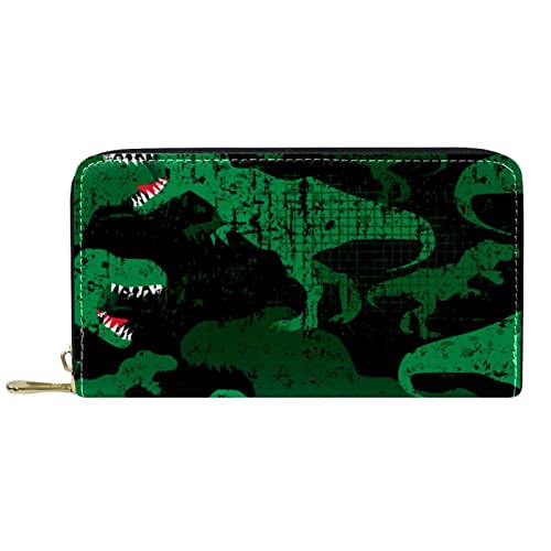 DJNGN Brieftasche Leder Leder Reißverschluss Lange Geldbörse Dinosaurier Grün Schwarz von DJNGN