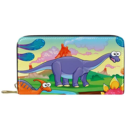 DJNGN Brieftasche Leder Leder Reißverschluss Lange Geldbörse Dinosaurier Multi Welt von DJNGN
