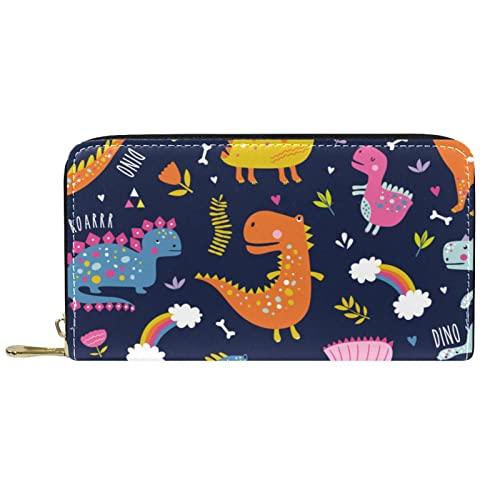 DJNGN Brieftasche Leder Leder Reißverschluss Lange Geldbörse Dinosaurier Regenbogen Lila von DJNGN