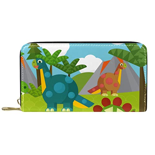 DJNGN Brieftasche Leder Leder Reißverschluss Lange Geldbörse Dinosaurier niedlich Multi Wald von DJNGN
