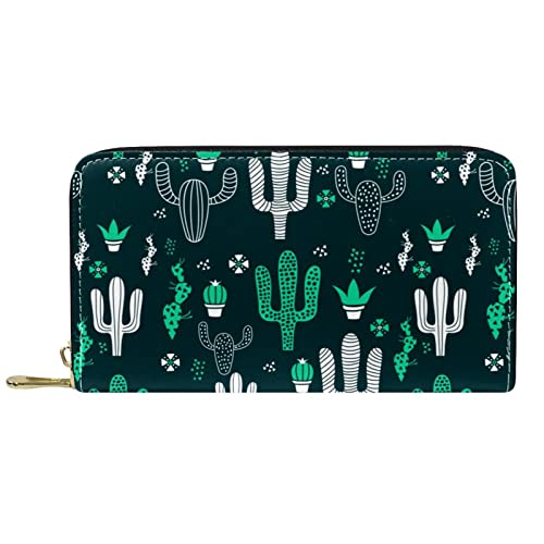 DJNGN Brieftasche Leder Leder Reißverschluss Lange Geldbörse Dunkelgrüner Kaktus von DJNGN