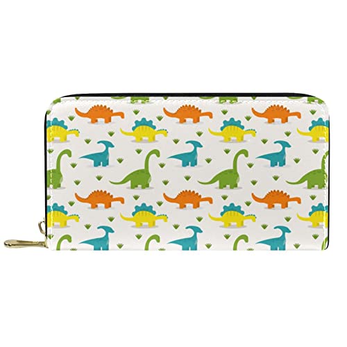 DJNGN Brieftasche Leder Leder Reißverschluss Lange Geldbörse Farbige Dinosaurier Muster Grün Blau Orange Gelb von DJNGN