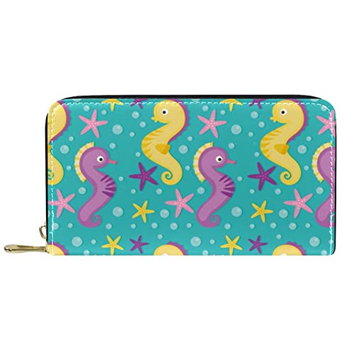 DJNGN Brieftasche Leder Leder Reißverschluss Lange Geldbörse Gelb Lila Seepferdchen e Muster von DJNGN