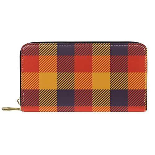 DJNGN Brieftasche Leder Leder Reißverschluss Lange Geldbörse Gelb Orange Tartan Karomuster von DJNGN