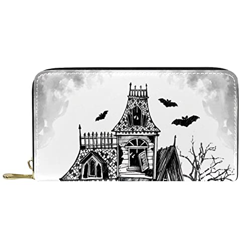 DJNGN Brieftasche Leder Leder Reißverschluss Lange Geldbörse Handgezeichnetes Halloween Spukhaus-01 von DJNGN